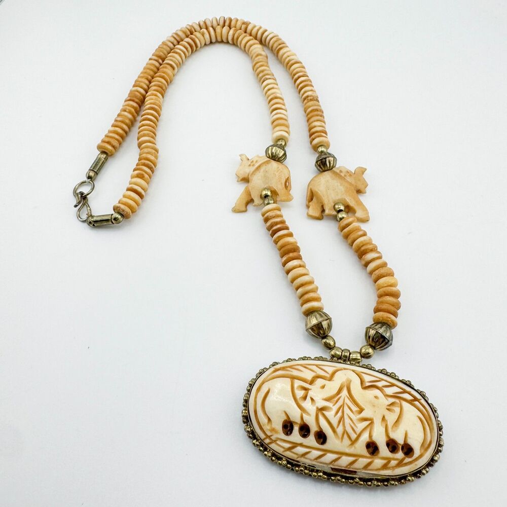 Carved Elephant Pendant Necklace Tribal Ethnic Organic Bead Brass Tone Statement